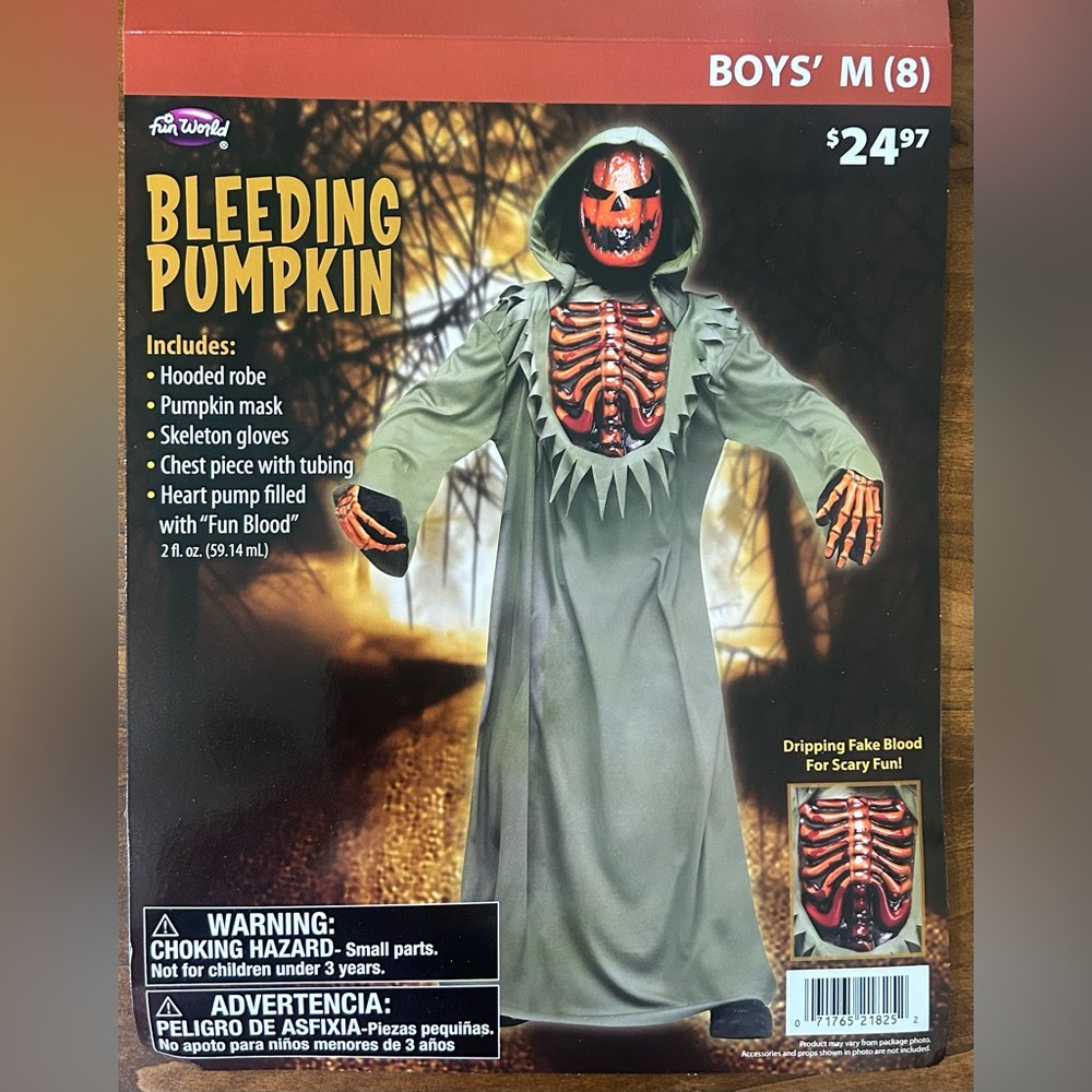 Evil Bleeding Pumpkin Youth M 8 Halloween Costume Scary Fun Pumping Blood NEW